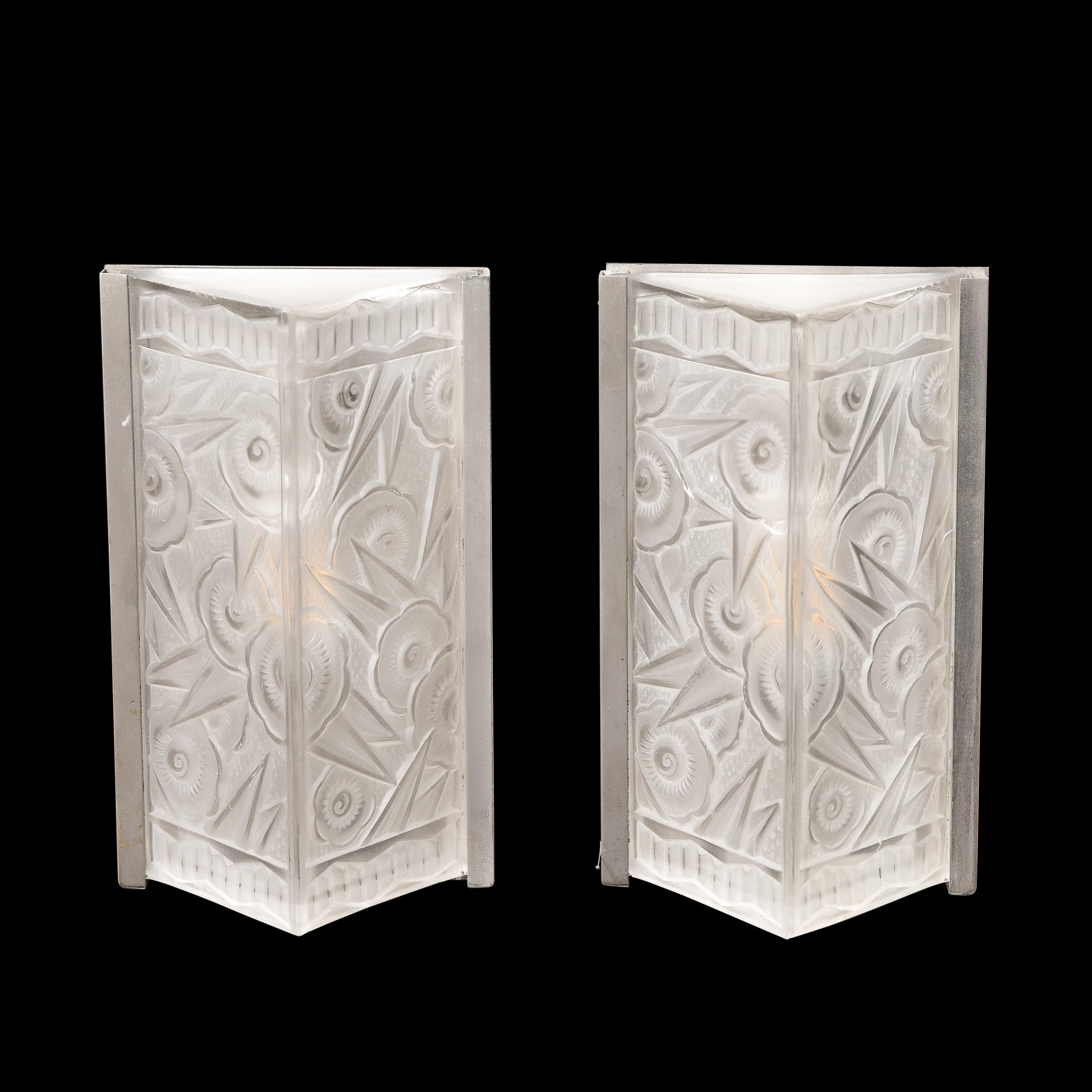 French Pair of Art Deco Molded & Frosted Glass Sconces w/ Stylized Cubist Floral Motifs