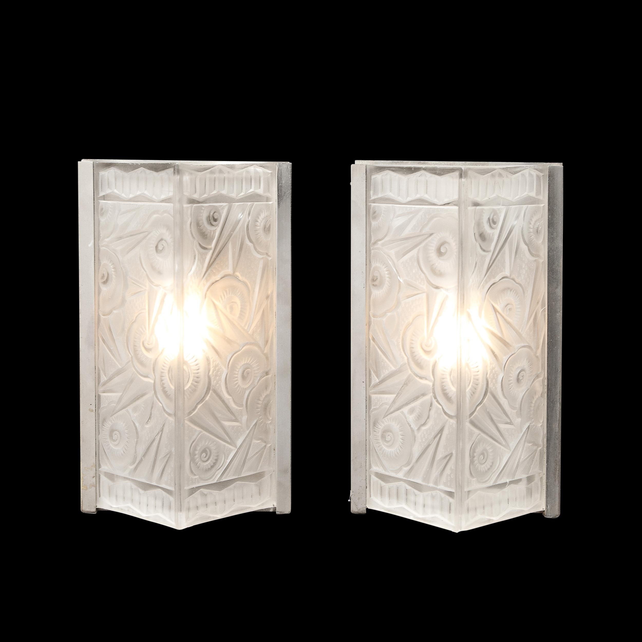 Mid-20th Century Pair of Art Deco Molded & Frosted Glass Sconces w/ Stylized Cubist Floral Motifs