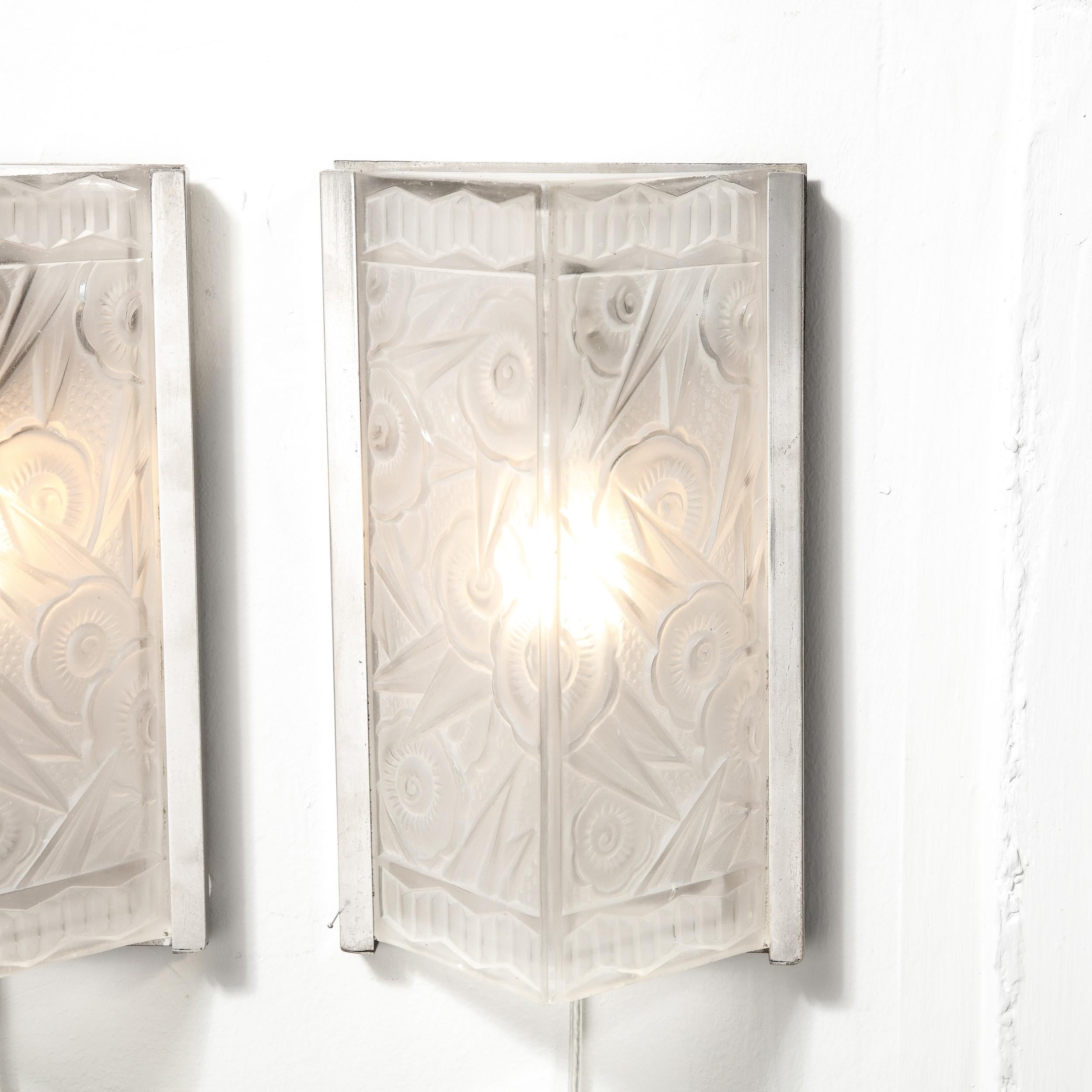 Pair of Art Deco Molded & Frosted Glass Sconces w/ Stylized Cubist Floral Motifs 1