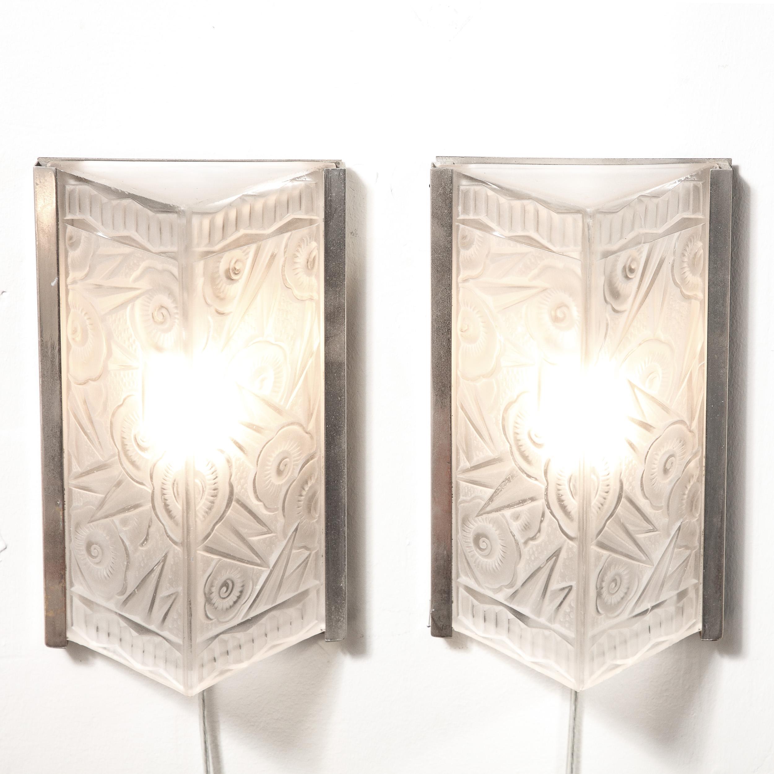Pair of Art Deco Molded & Frosted Glass Sconces w/ Stylized Cubist Floral Motifs 2