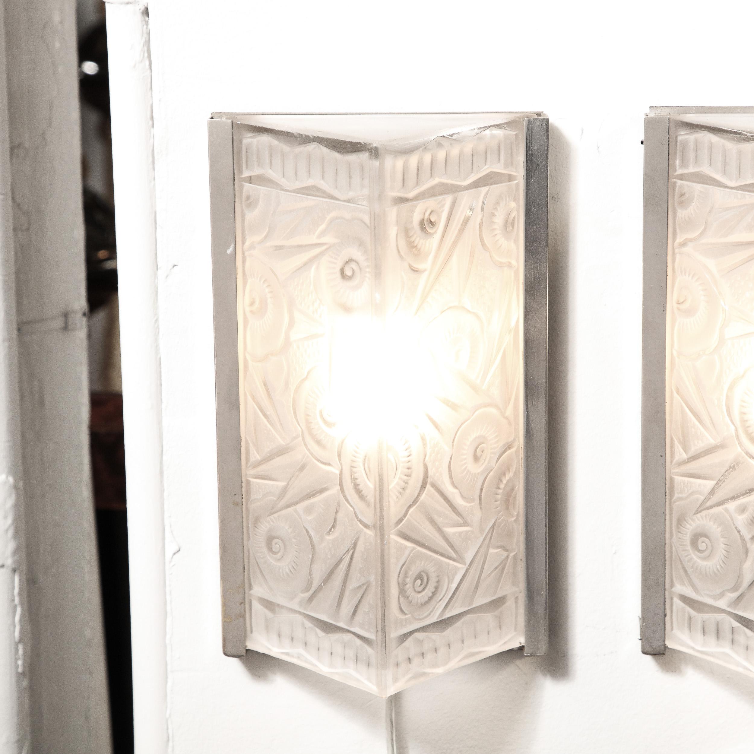 Pair of Art Deco Molded & Frosted Glass Sconces w/ Stylized Cubist Floral Motifs 3
