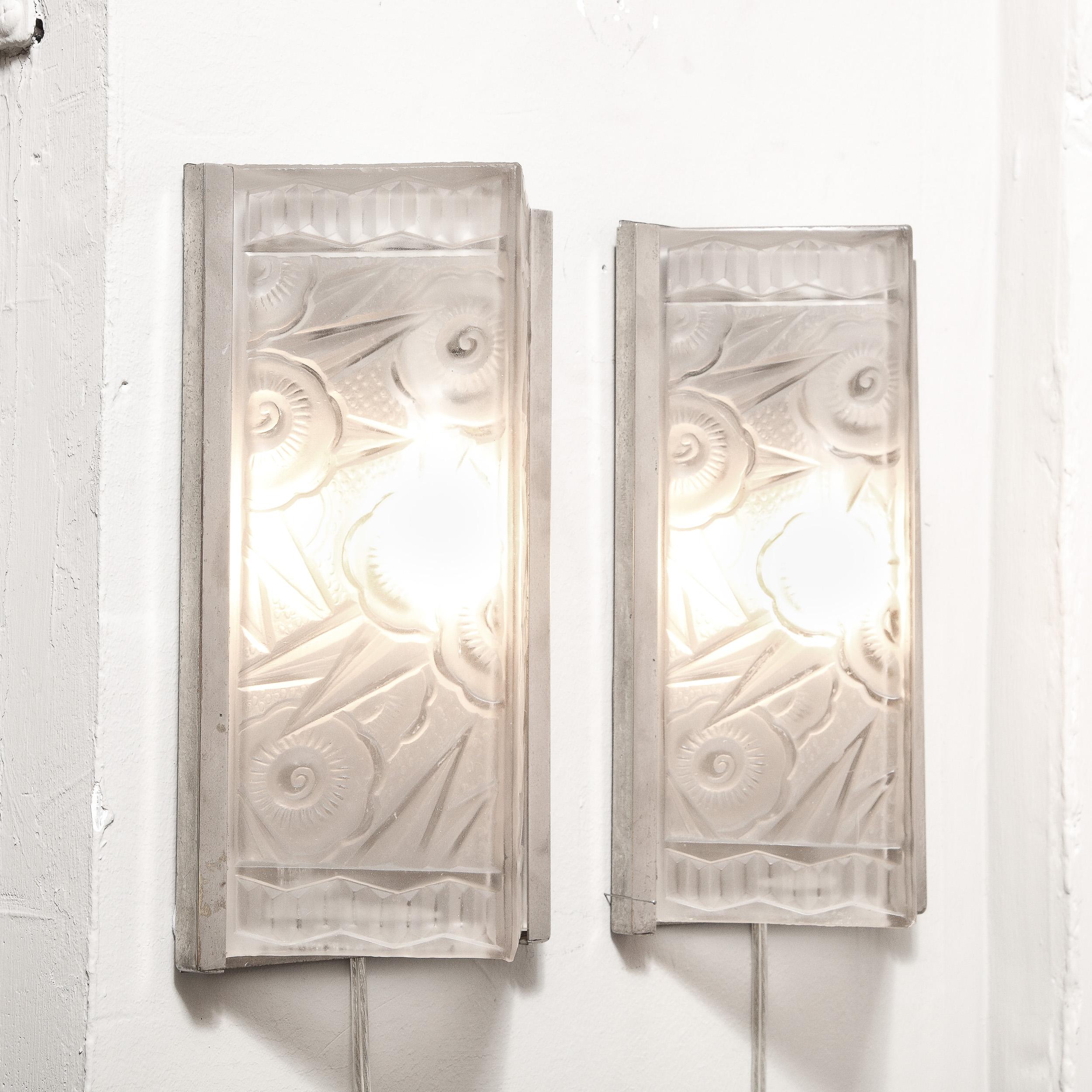 Pair of Art Deco Molded & Frosted Glass Sconces w/ Stylized Cubist Floral Motifs 4