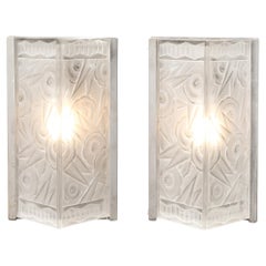 Pair of Art Deco Molded & Frosted Glass Sconces w/ Stylized Cubist Floral Motifs
