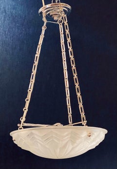 Pair of Art Deco Molded Glass Chandeliers, Plafoniere Form Ceiling Fixtures