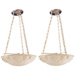 Pair of Art Deco Molded Glass Chandeliers, Plafoniere Form Ceiling Fixtures