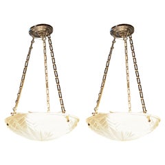 Pair of Art Deco Molded Glass Chandeliers, Plafoniere Form Ceiling Fixtures