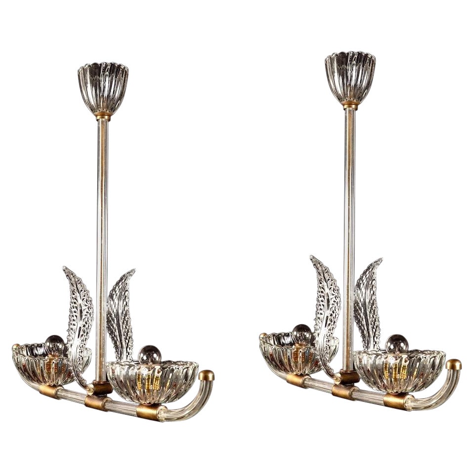 Pareja de colgantes o faroles Art Decó de cristal de Murano y latón de Barovier en venta
