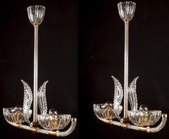 Coppia di pendenti o lanterne in vetro di Murano e ottone Art Deco di Barovier