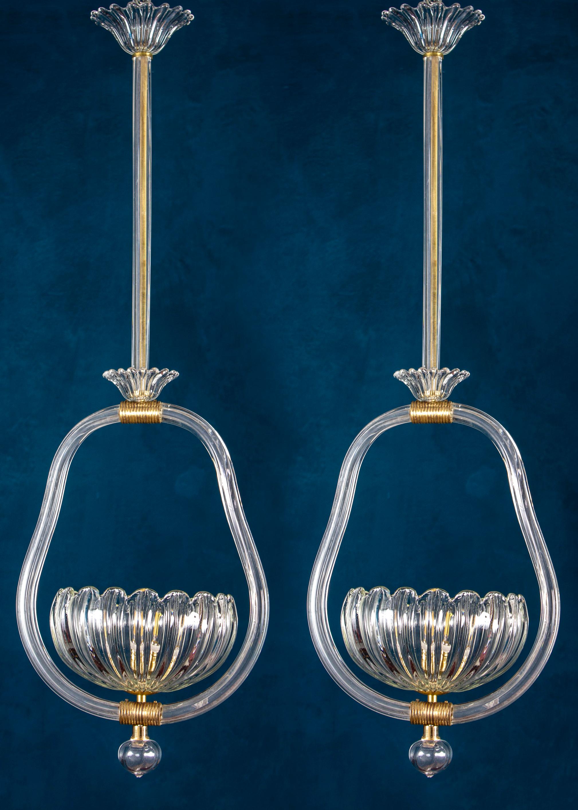 Pair of Art Deco Murano Glass and Brass Pendants or Lanterns by Barovier In Good Condition In Rome, IT