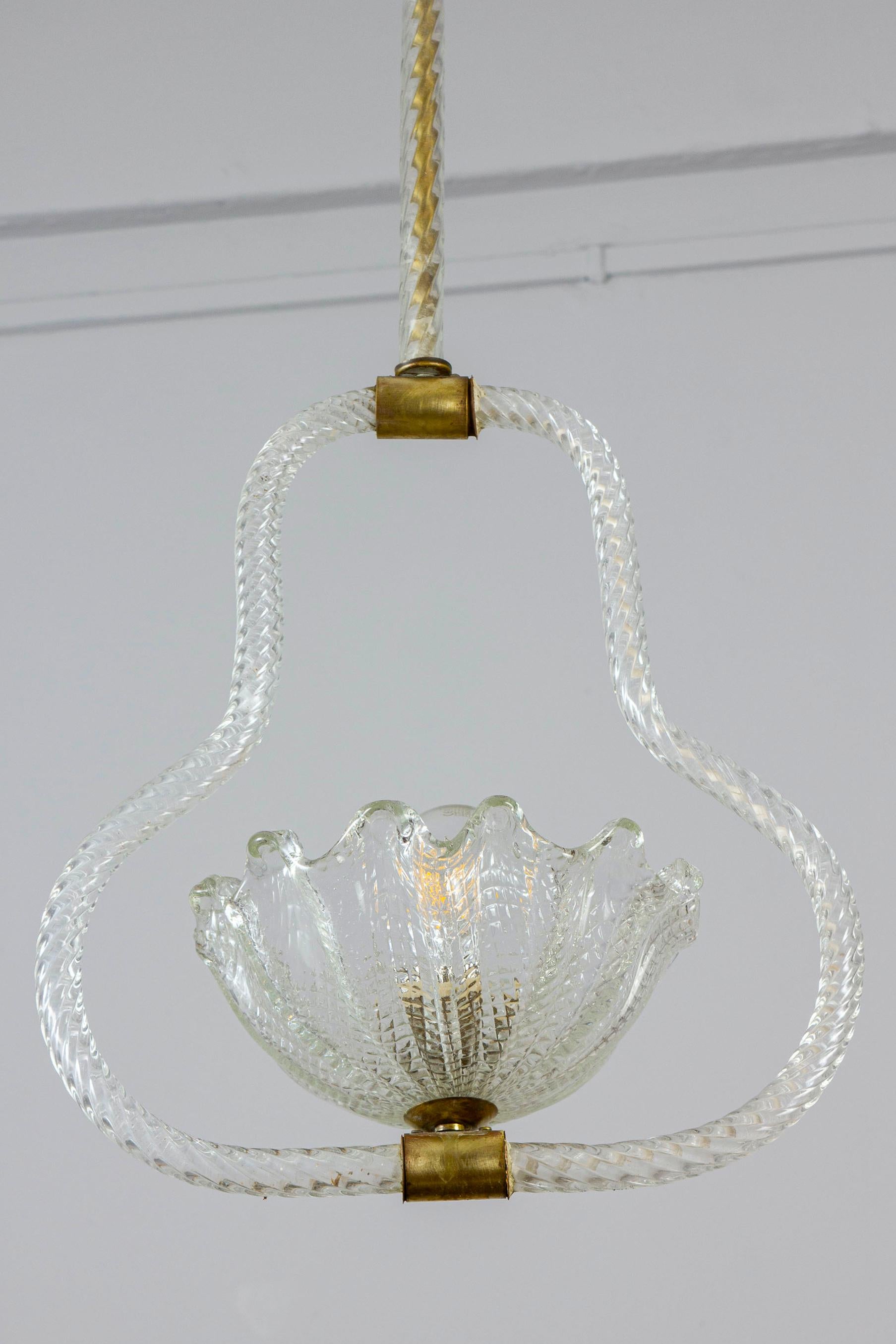 20th Century Pair of Art Deco Murano Glass and Brass Pendants or Lanterns by Barovier For Sale