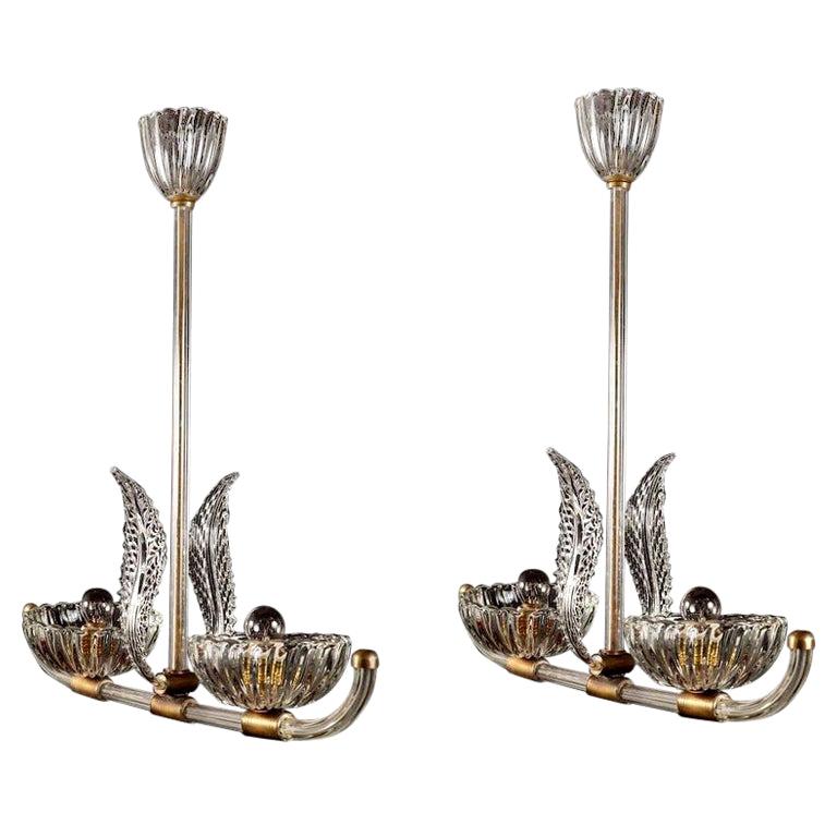 Pair of Art Deco Murano Glass and Brass Pendants or Lanterns by Barovier