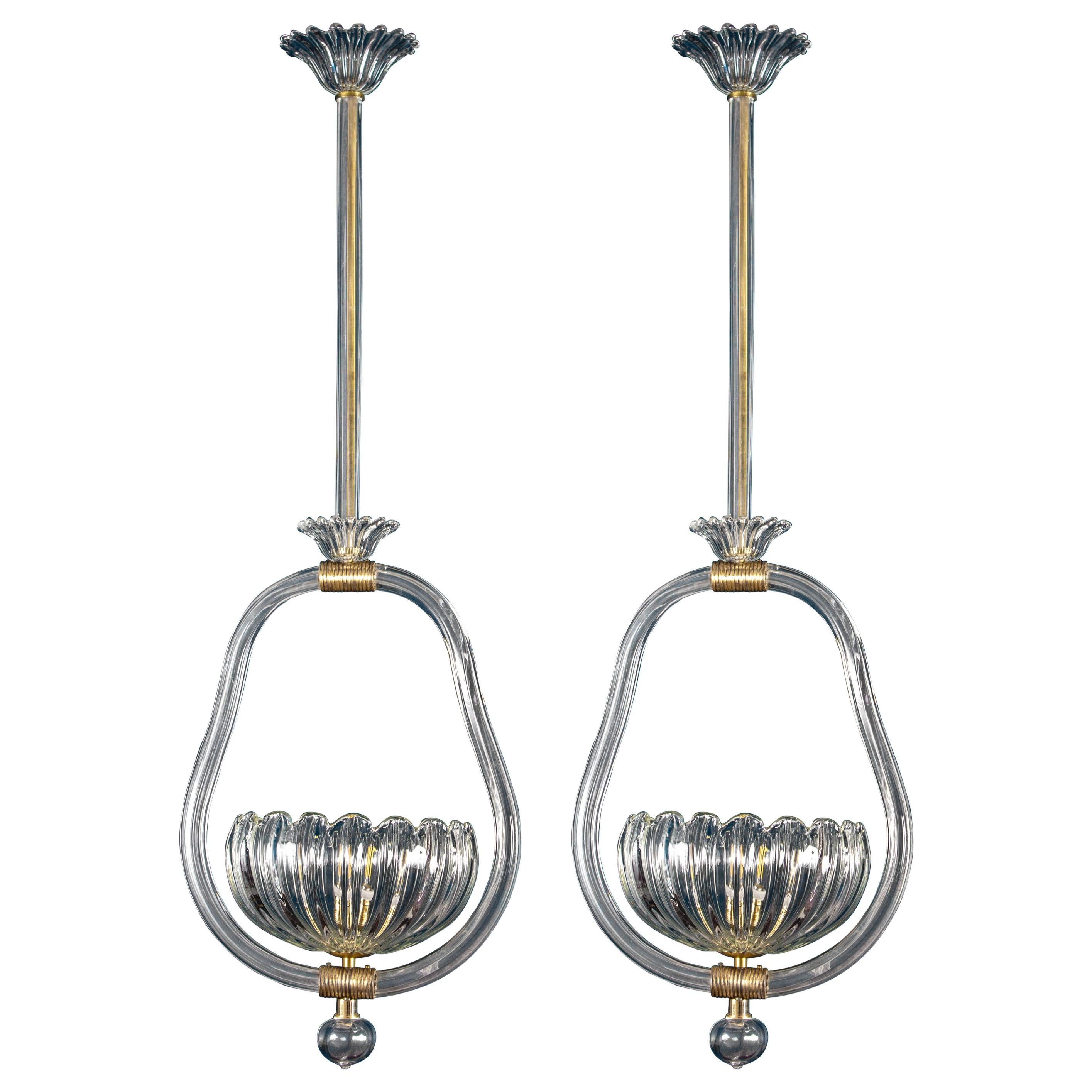 Pair of Art Deco Murano Glass and Brass Pendants or Lanterns by Barovier