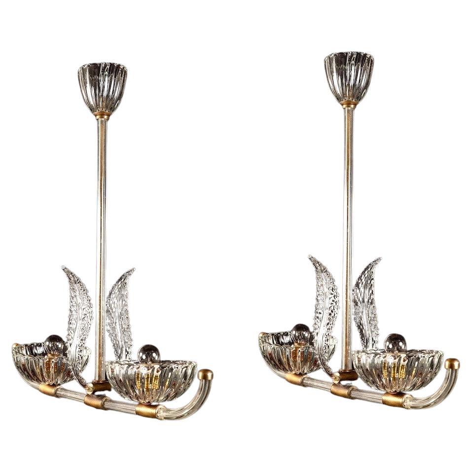 Pair of Art Deco Murano Glass and Brass Pendants or Lanterns by Barovier