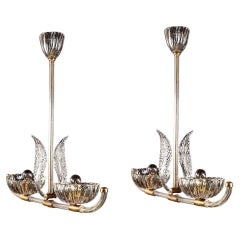 Antique Pair of Art Deco Murano Glass and Brass Pendants or Lanterns by Barovier
