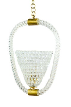 Pair of Art Deco Murano Glass and Brass Pendants or Lanterns by Ercole Barovier