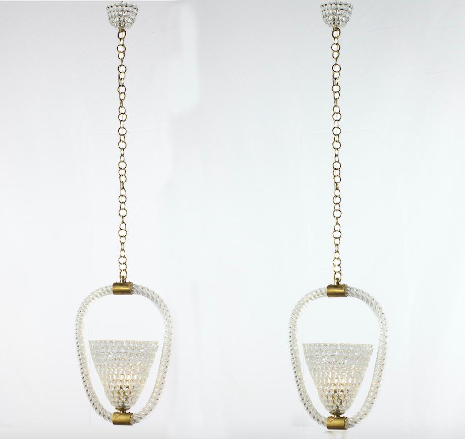 Pair of Art Deco Murano Glass and Brass Pendants or Lanterns by Ercole Barovier 1