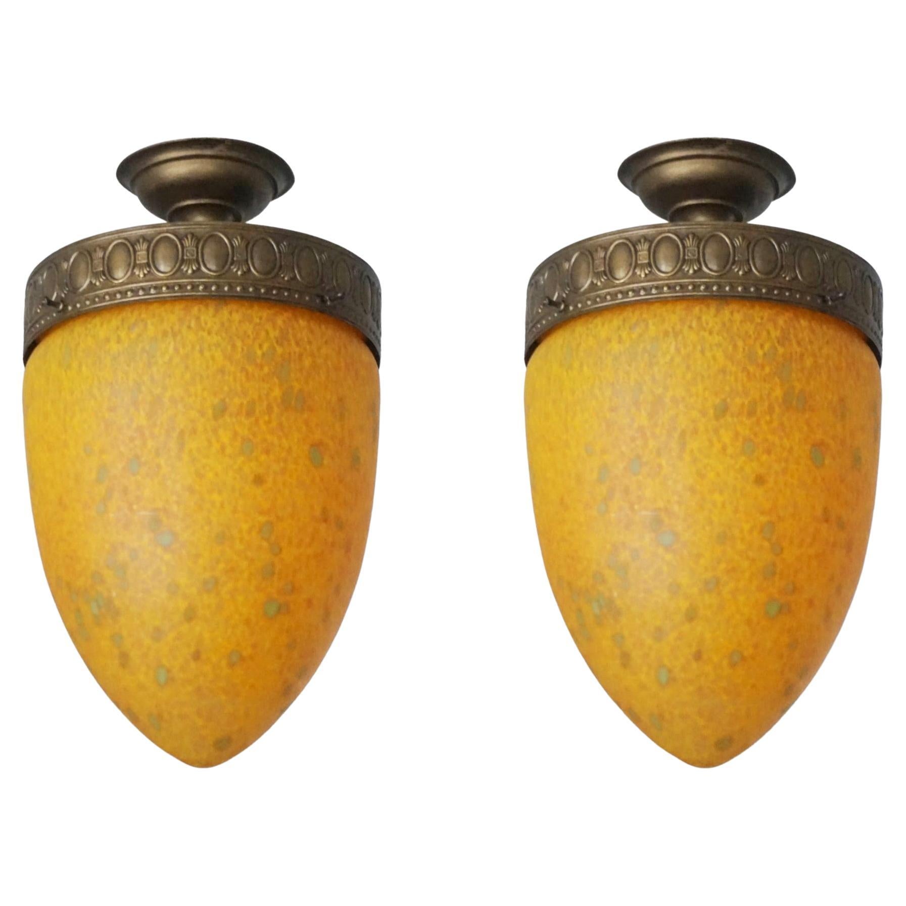 Pair of Art Deco Murano Glass and Bronzed Brass Flush Mounts, Italy, 1950s