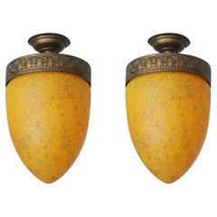 Pair of Art Deco Murano Glass and Bronzed Brass Flush Mounts, Italy, 1950s