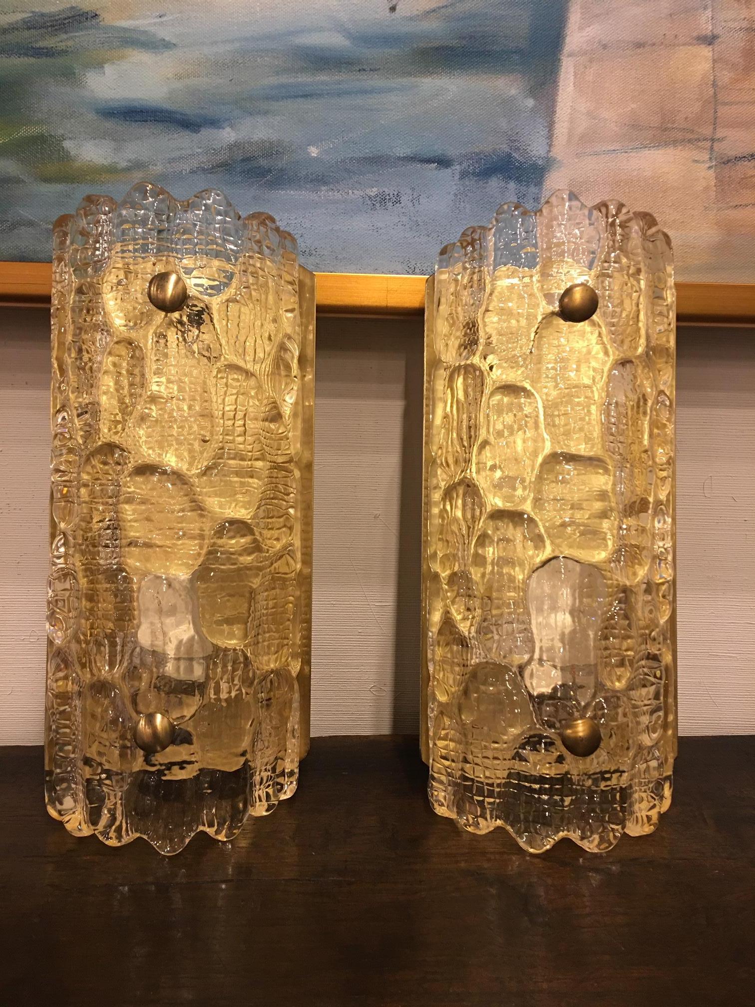Pair of Art Deco Murano glass sconces on brass bases, 20th century