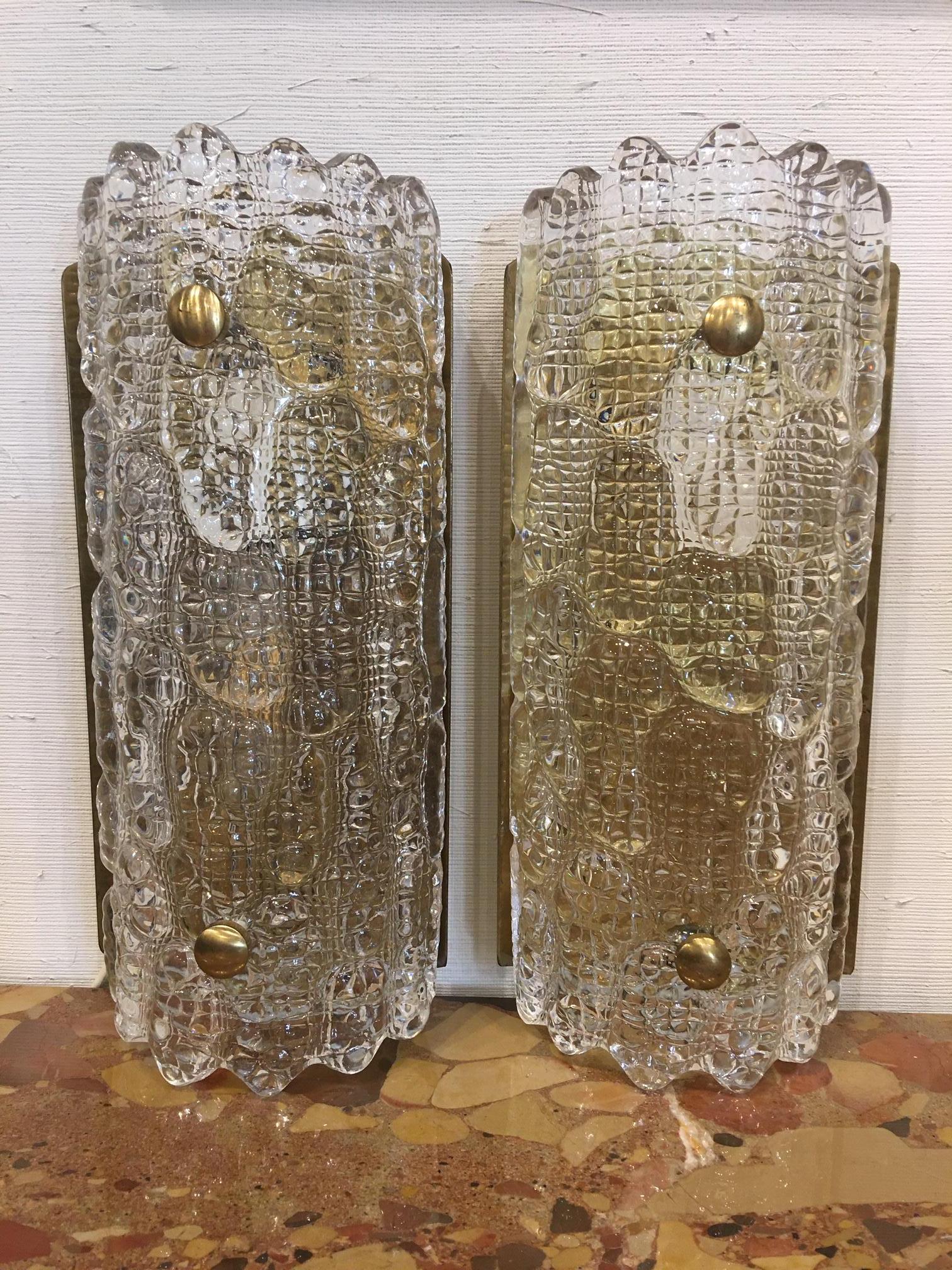 Pair of Art Deco Murano glass sconces on brass bases, 20th century.