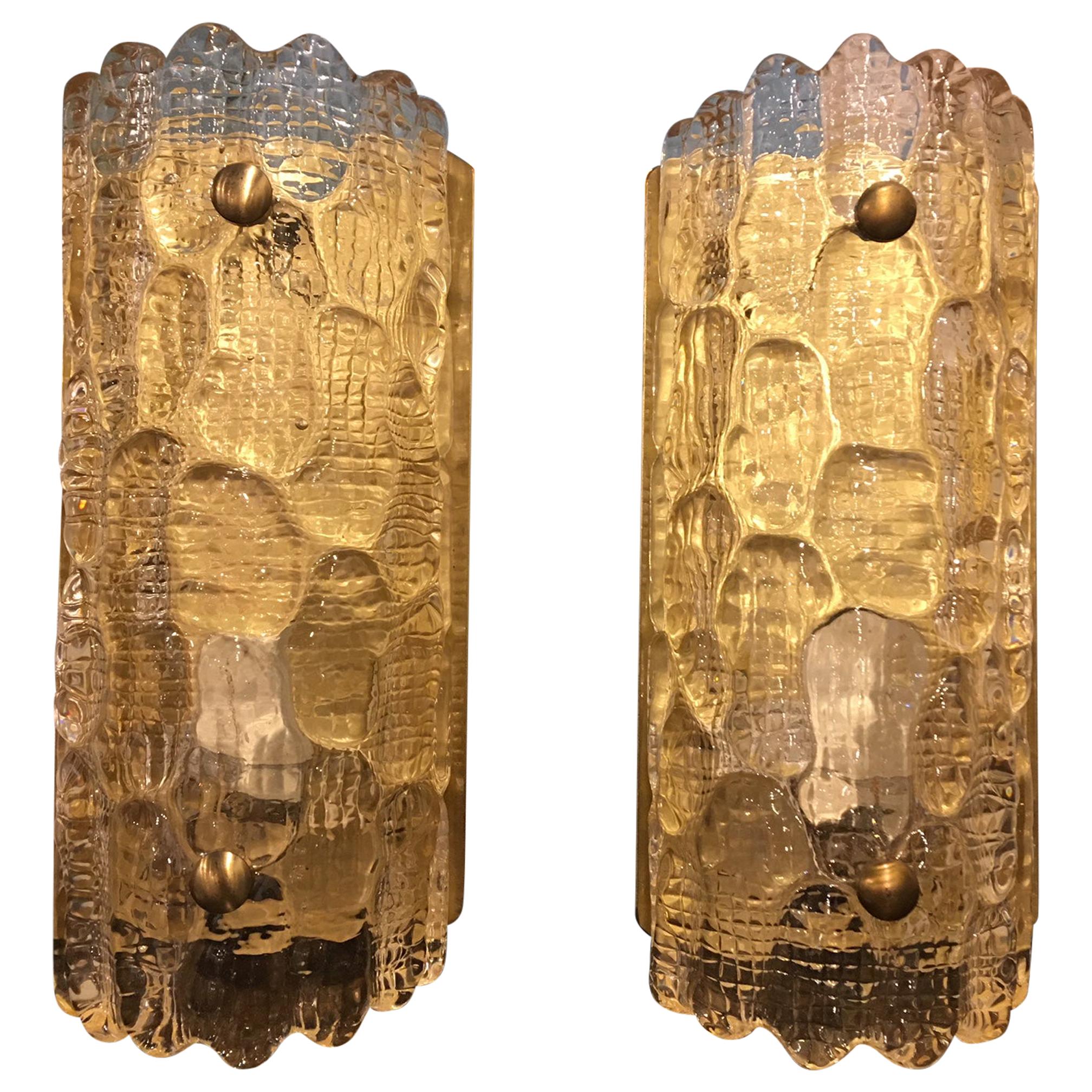 Pair of Art Deco Murano Glass Sconces on Brass Bases, 20th Century