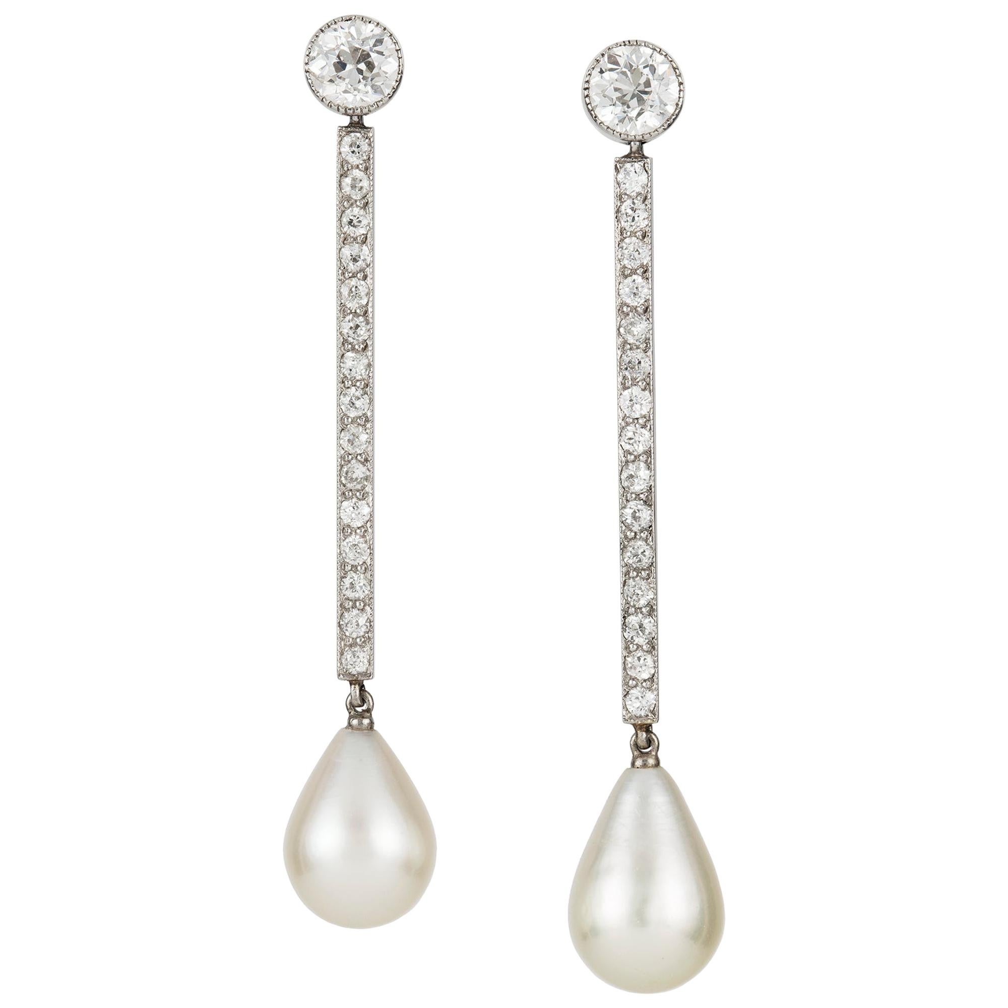 Pair of Art Deco Natural Pearl and Diamond Drop Earrings
