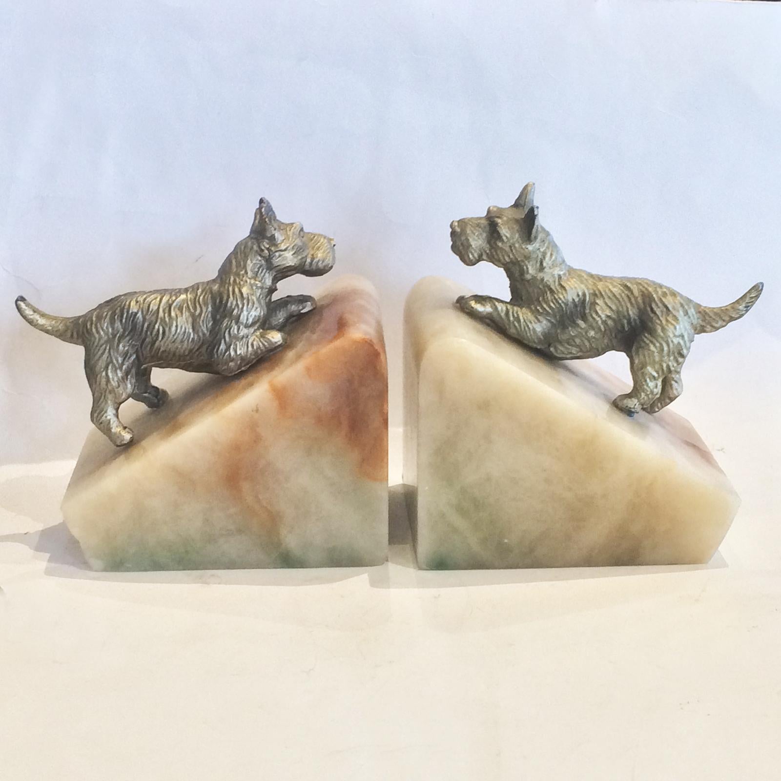 English Pair of Art Deco Nickel and Alabaster Scottie Scottish Terrier Dog Bookends