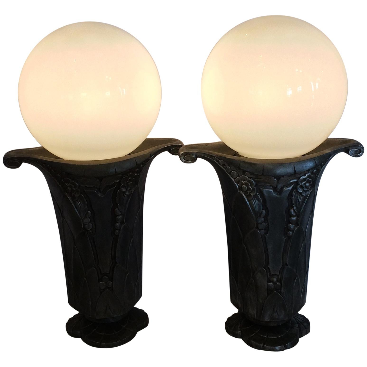 Pair of Art Deco Nickel Lamps For Sale