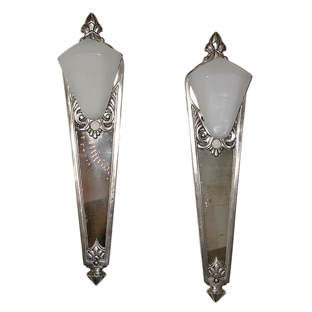 Metal Pair of Art Deco Nickel-Plated Sconces