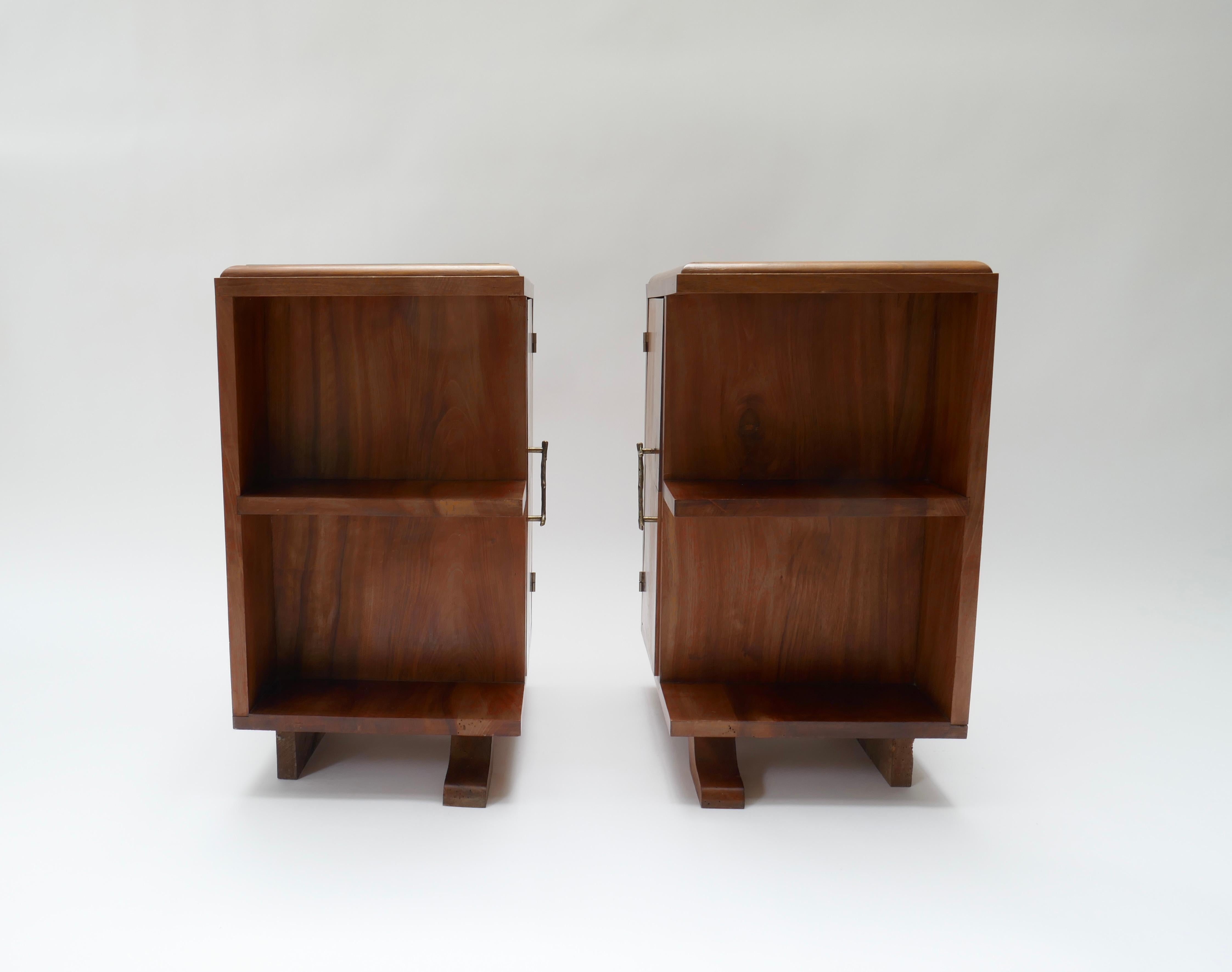 Walnut Pair of Art Deco Night Stand with Door and Shelves and Glass Top, France  For Sale