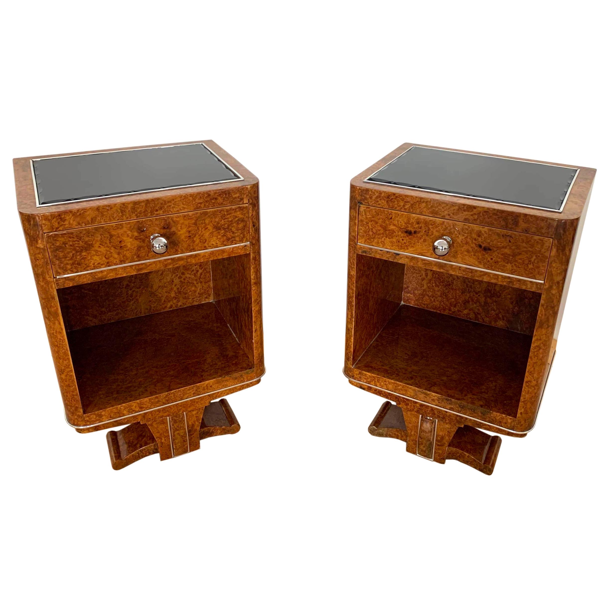 Pair of Art Deco Nightstands, Amboyna Roots Veneer, France, circa 1925