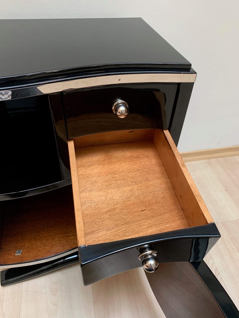 Pair of Art Deco Nightstands, Black Lacquer and Chrome, France, circa