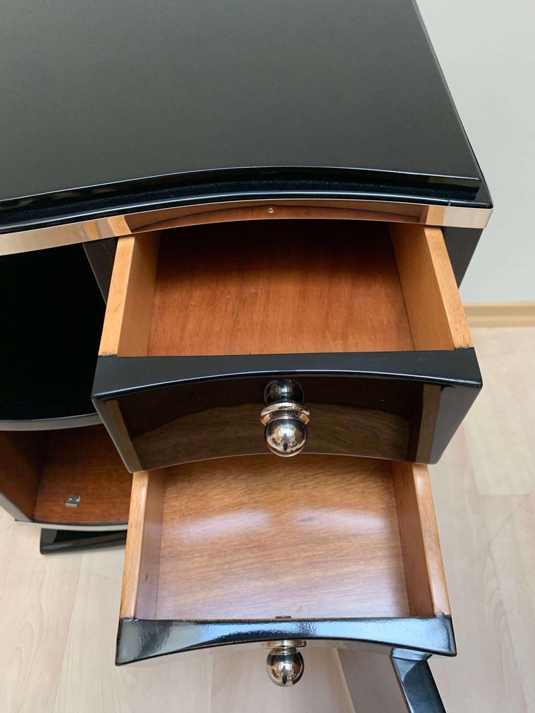 Pair of Art Deco Nightstands, Black Lacquer and Chrome, France, circa