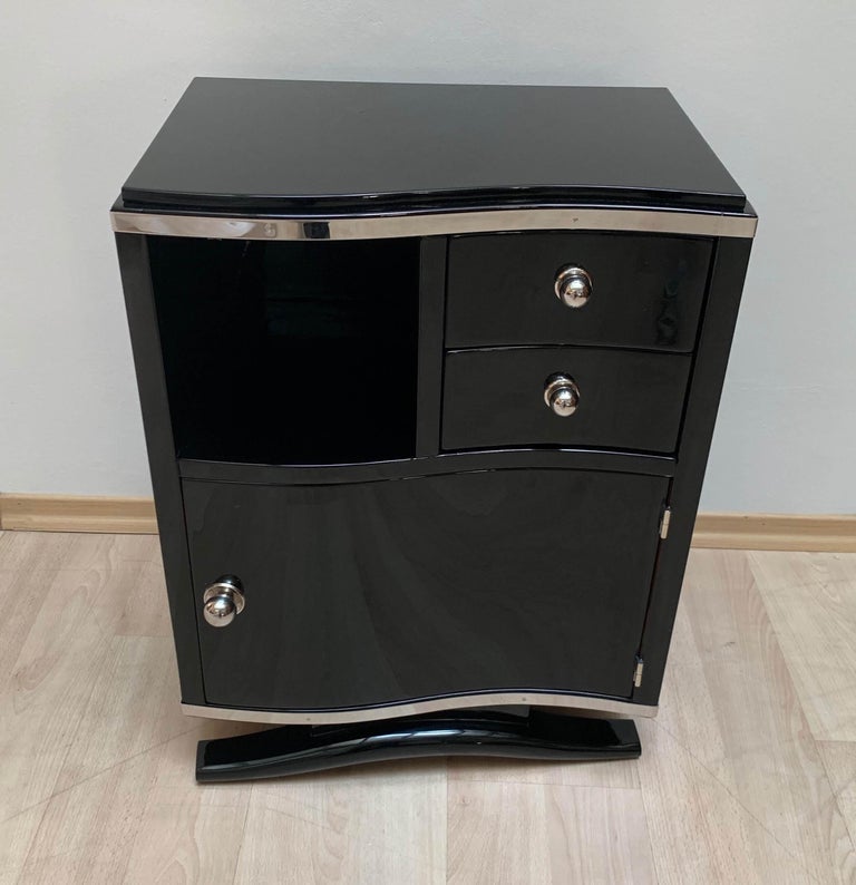 Pair of Art Deco Nightstands, Black Lacquer and Chrome, France, circa