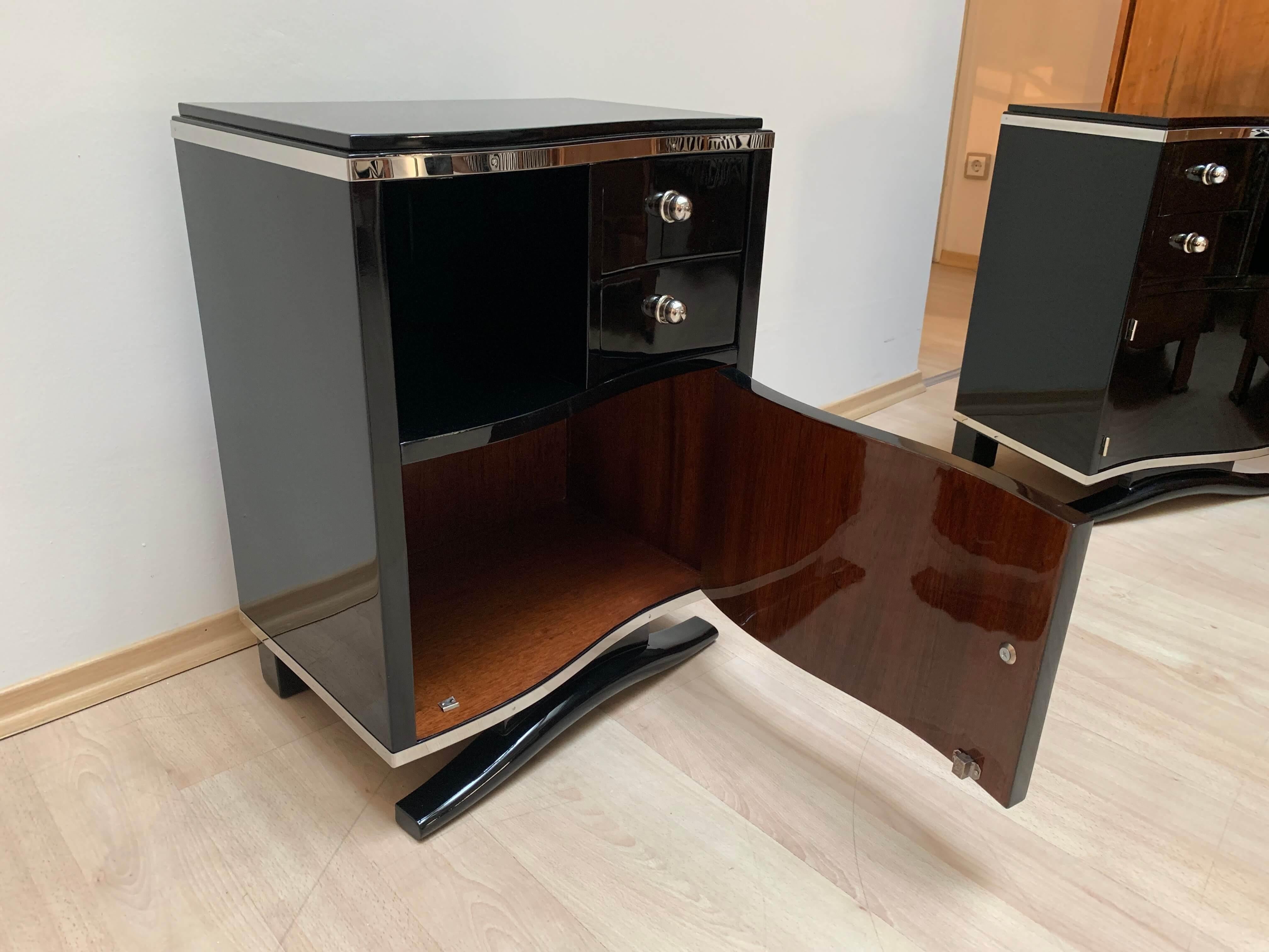 Beech Pair of Art Deco Nightstands, Black Lacquer and Chrome, France, circa 1930