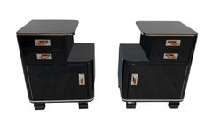 Pair of restored Art Deco Nightstands, Black Lacquer, Nickel, France, circa 1930