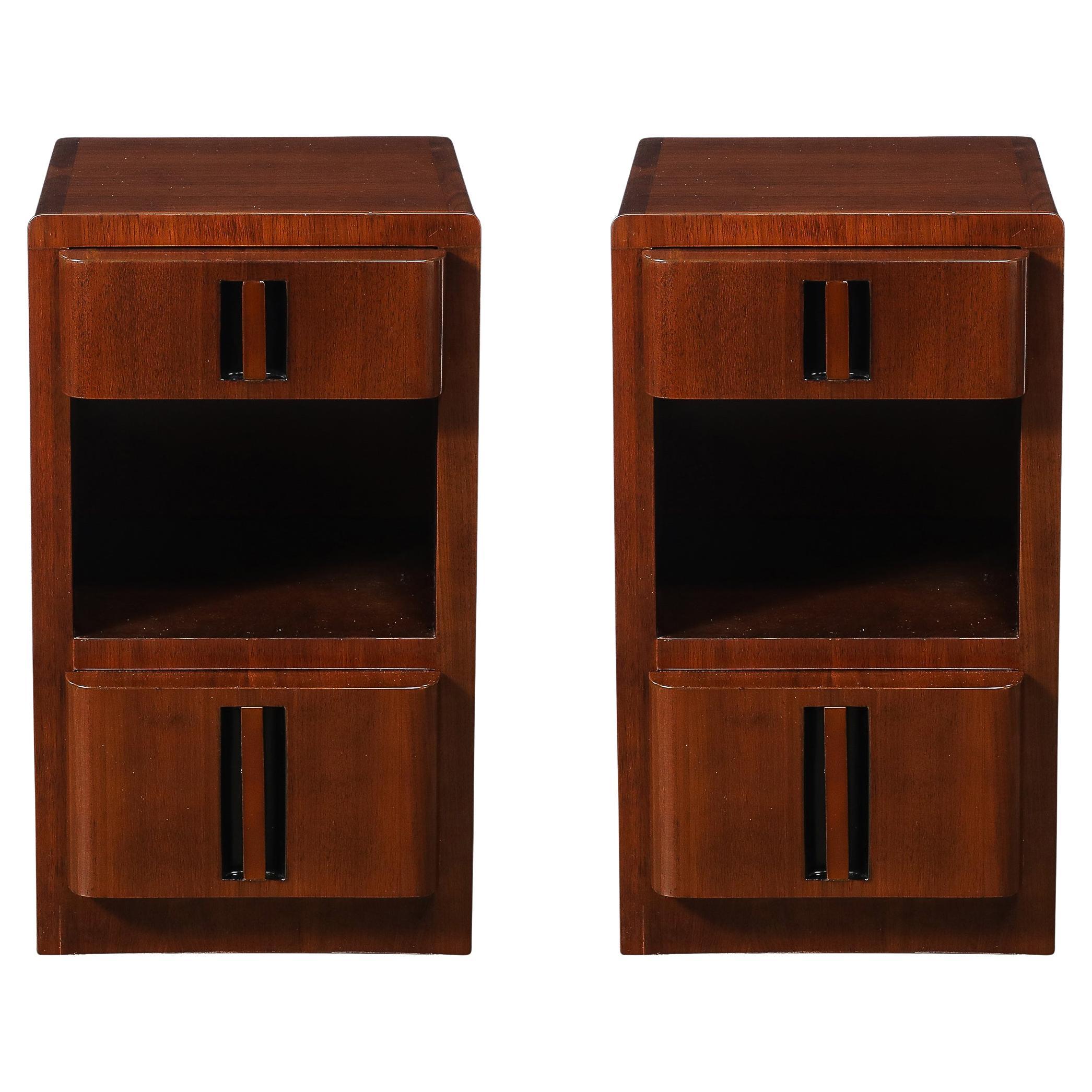 Pair of Art Deco Nightstands in Book-Matched Walnut with Black Lacquer Accents For Sale