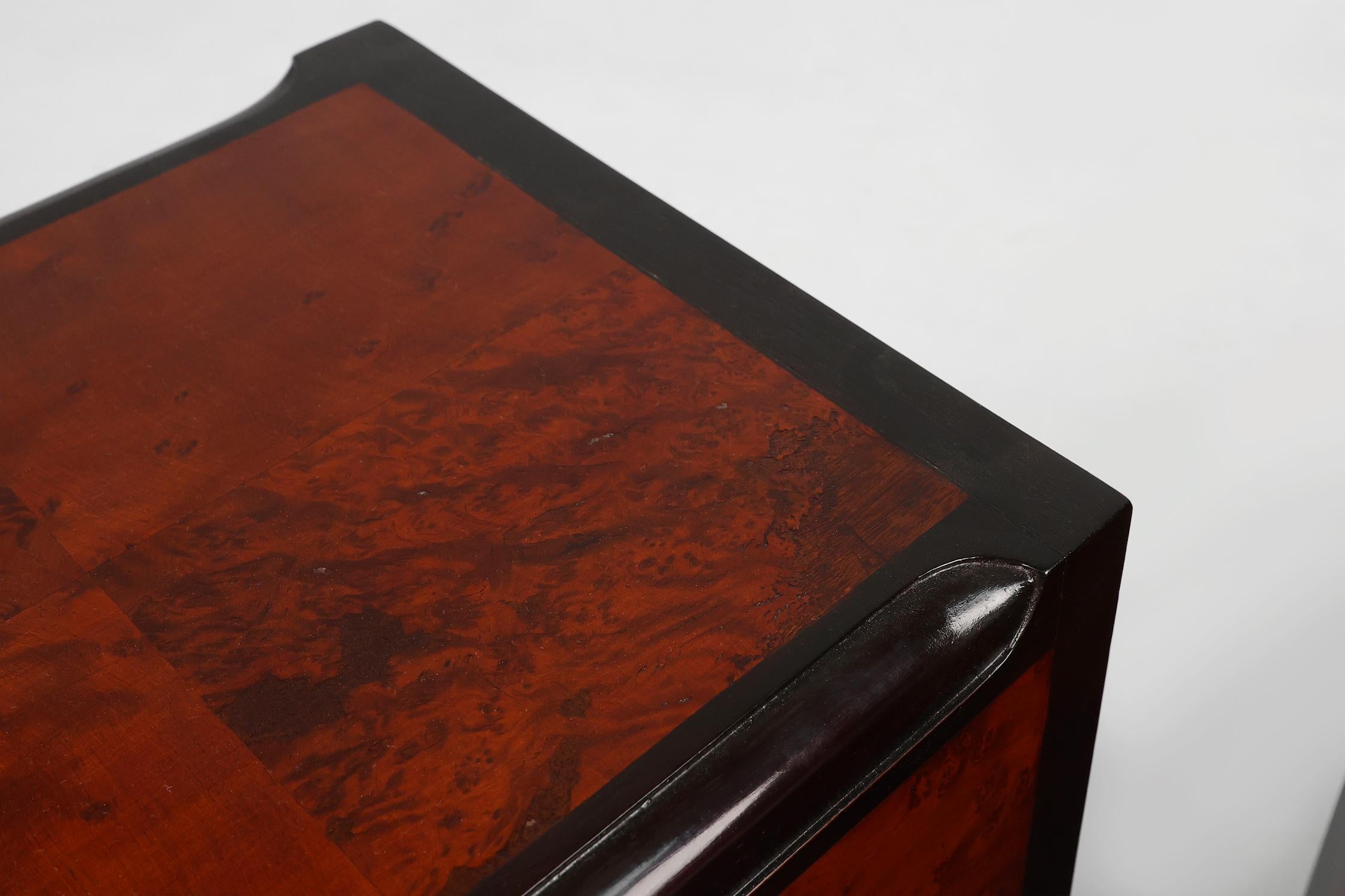 Pair of Art Deco nightstands in burl veneer, oak and copper, France ca. 1910 For Sale 4