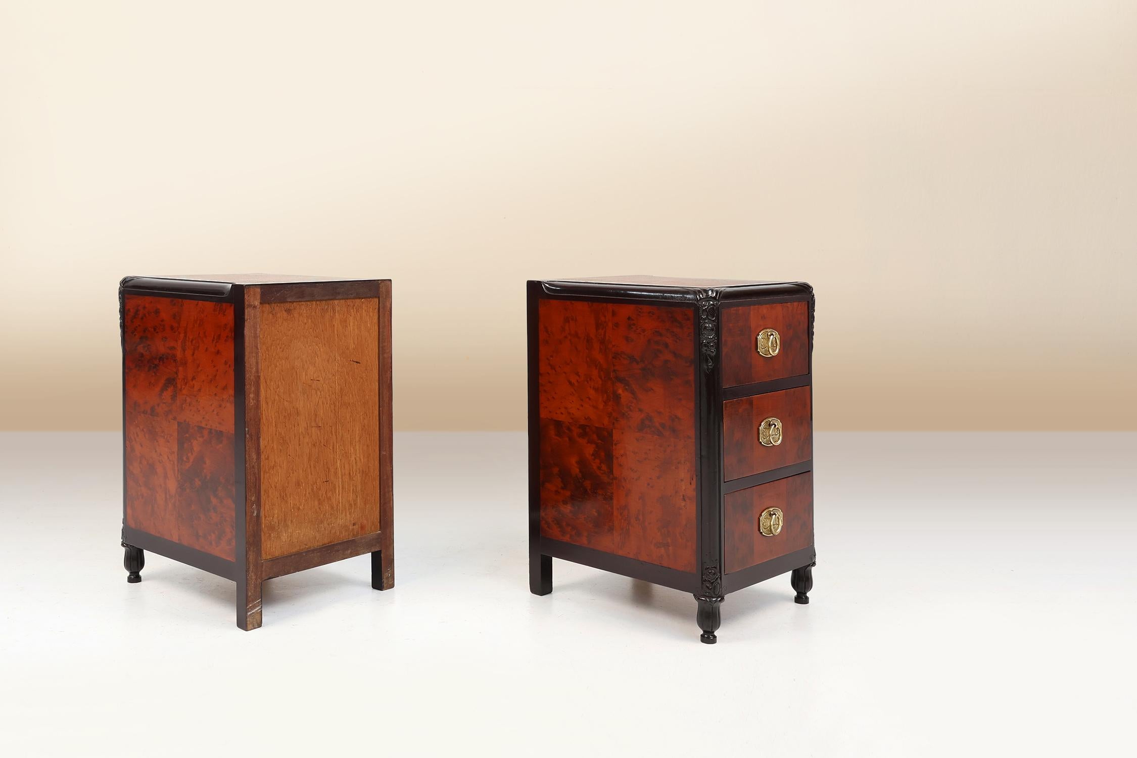 Pair of Art Deco nightstands in burl veneer, oak and copper, France ca. 1910 For Sale 5