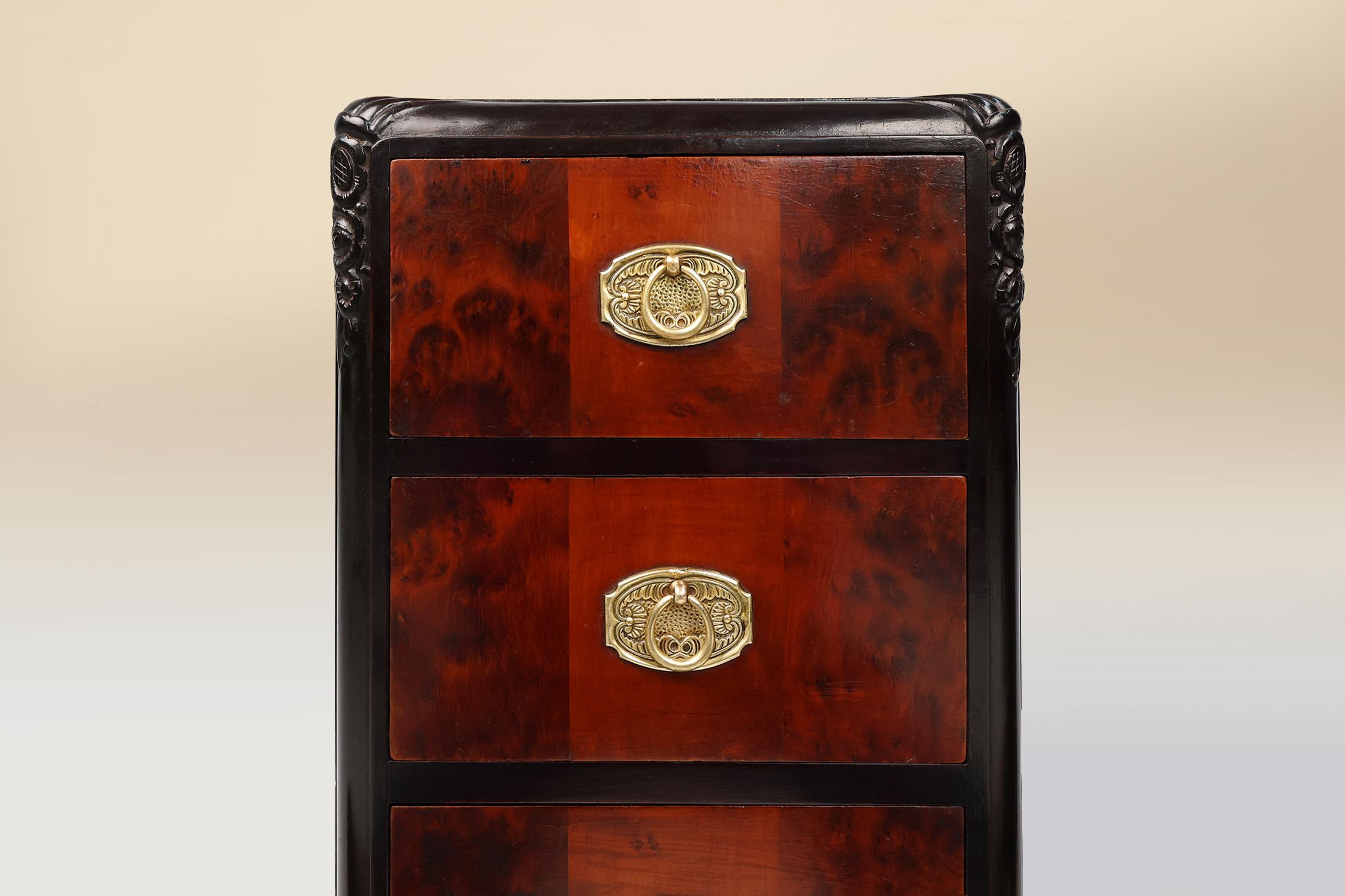 French Pair of Art Deco nightstands in burl veneer, oak and copper, France ca. 1910 For Sale
