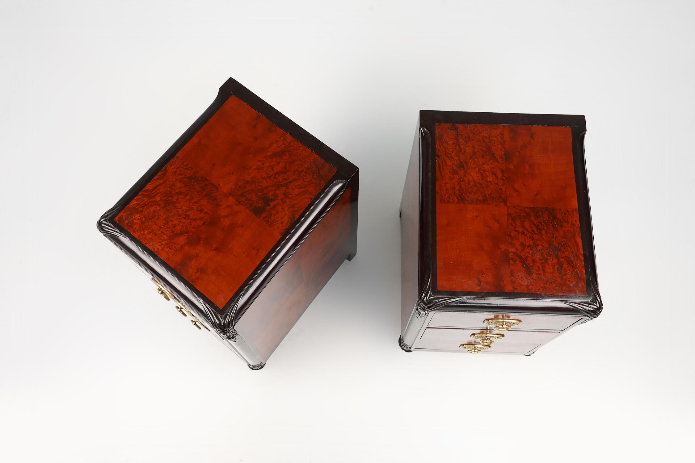 Pair of Art Deco nightstands in burl veneer, oak and copper, France ca. 1910 For Sale 2