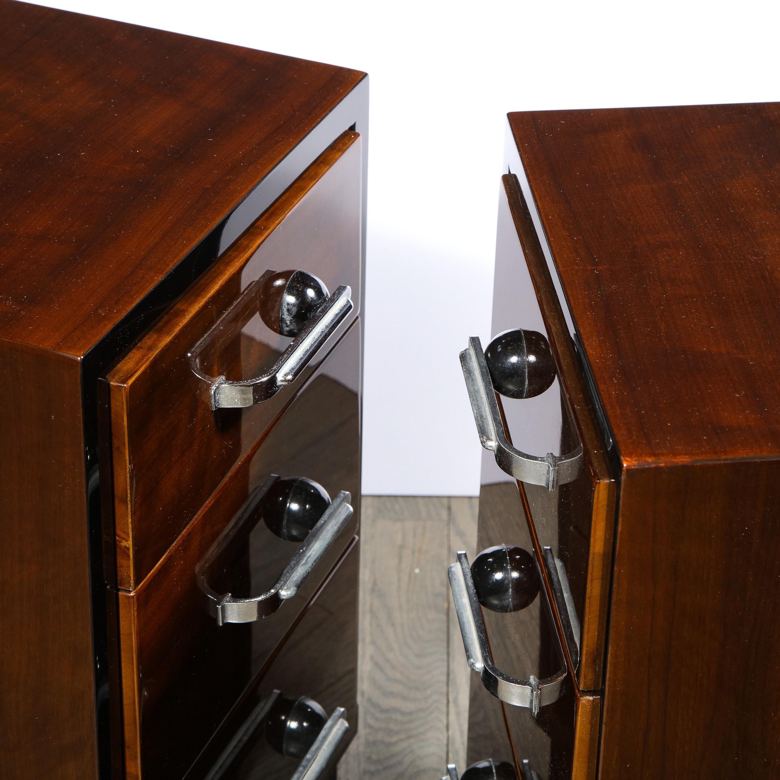 Pair of Art Deco Nightstands in Lacquer & Walnut w/ Streamlined Chrome Pulls 7