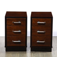 Pair of Art Deco Nightstands in Lacquer & Walnut w/ Streamlined Chrome Pulls