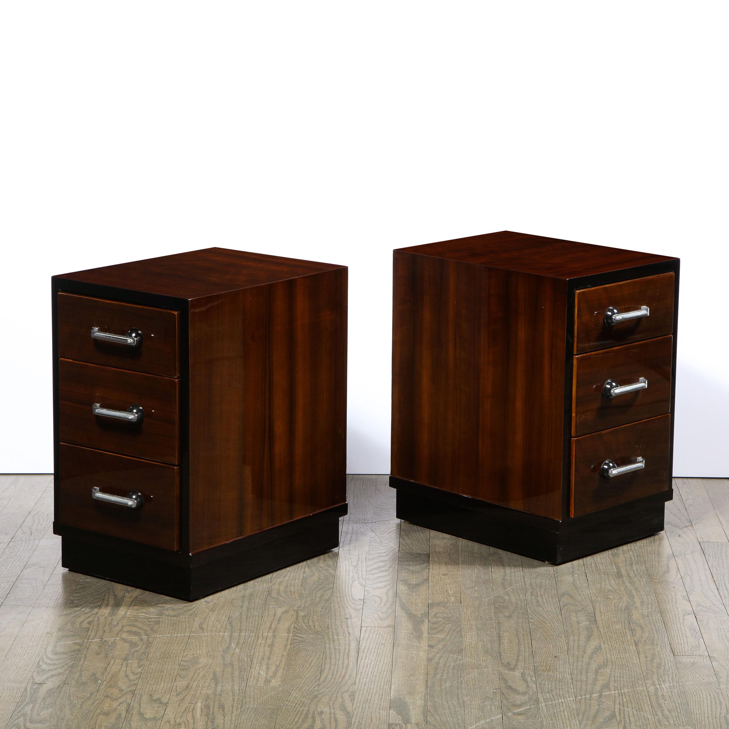 American Pair of Art Deco Nightstands in Lacquer & Walnut w/ Streamlined Chrome Pulls