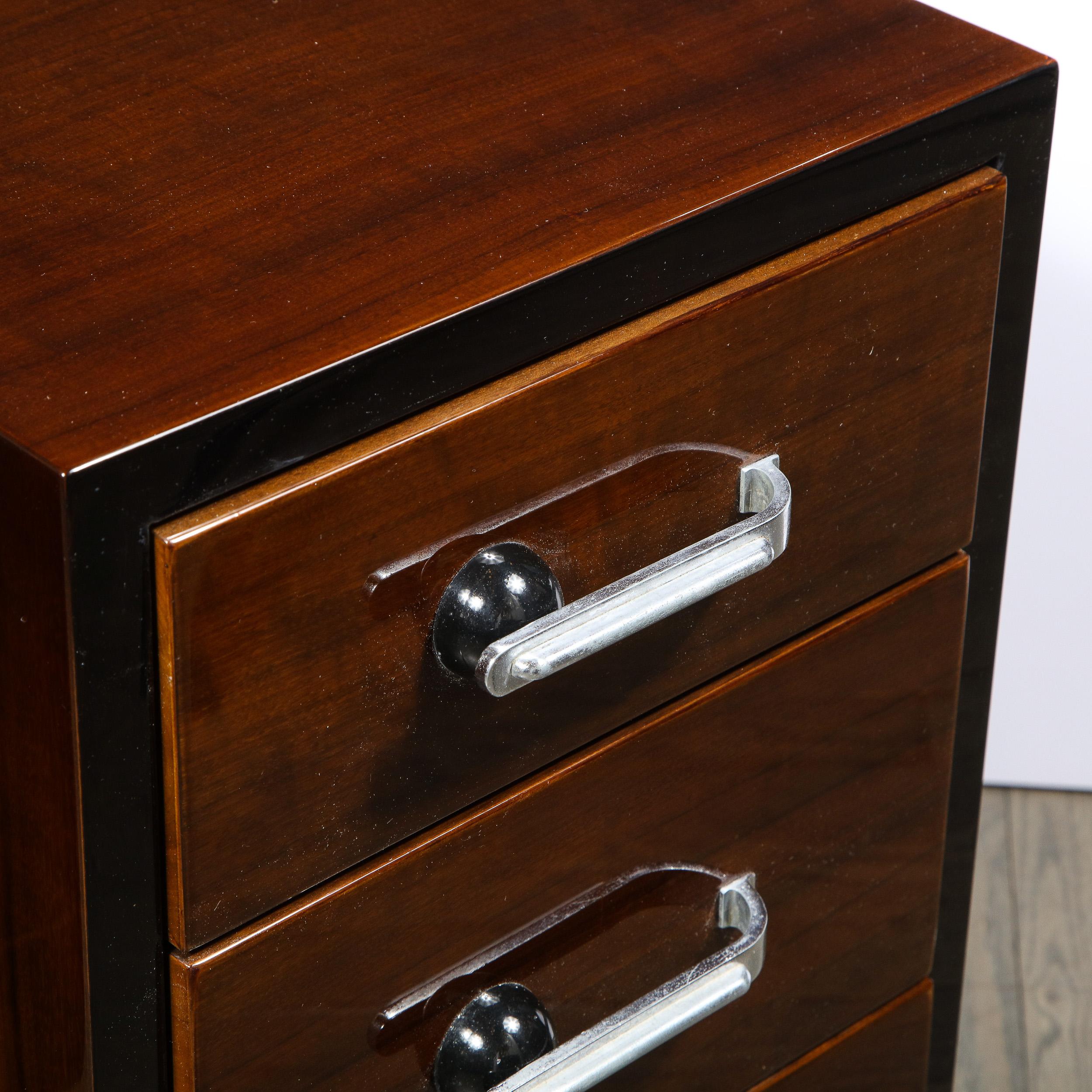 Mid-20th Century Pair of Art Deco Nightstands in Lacquer & Walnut w/ Streamlined Chrome Pulls