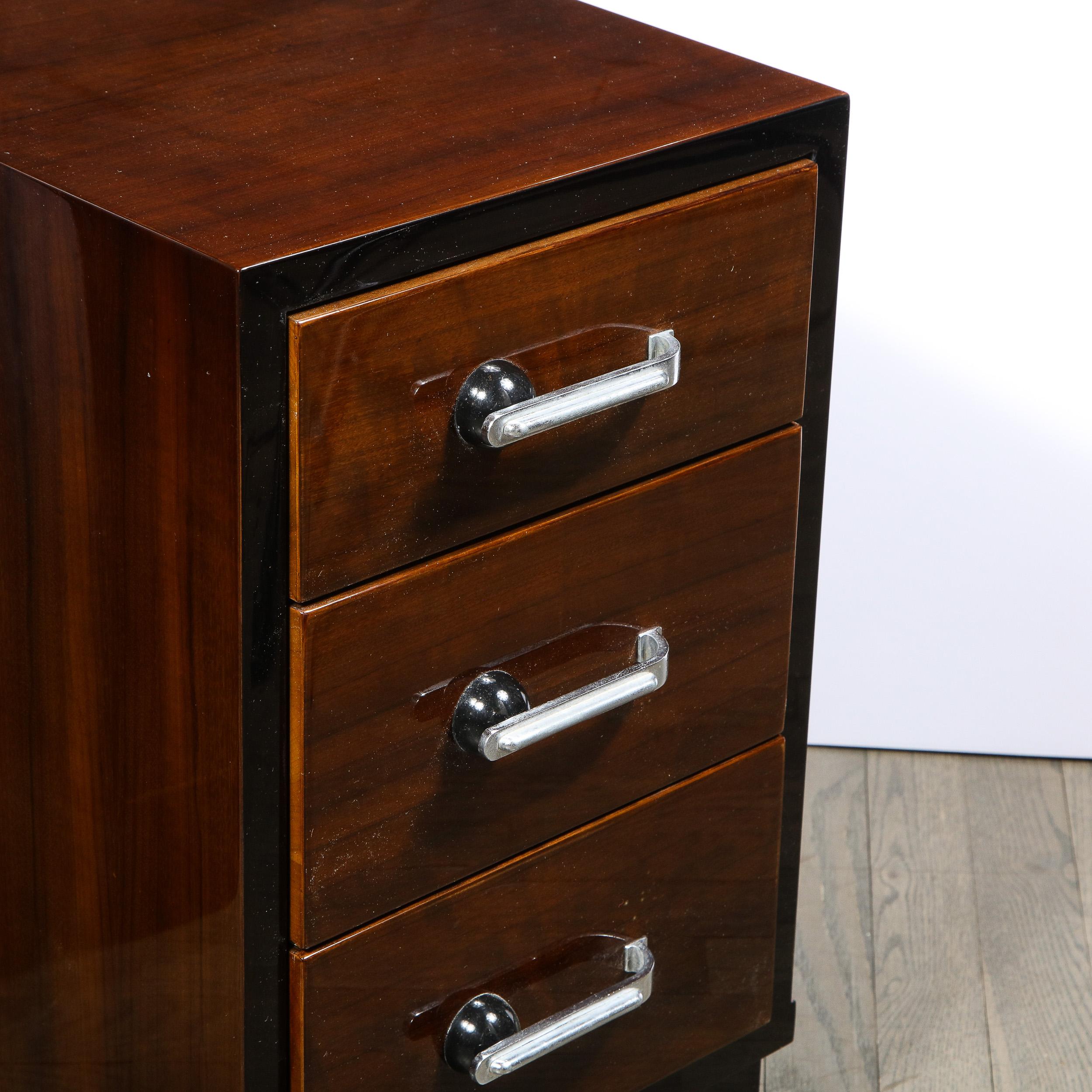 Pair of Art Deco Nightstands in Lacquer & Walnut w/ Streamlined Chrome Pulls 2