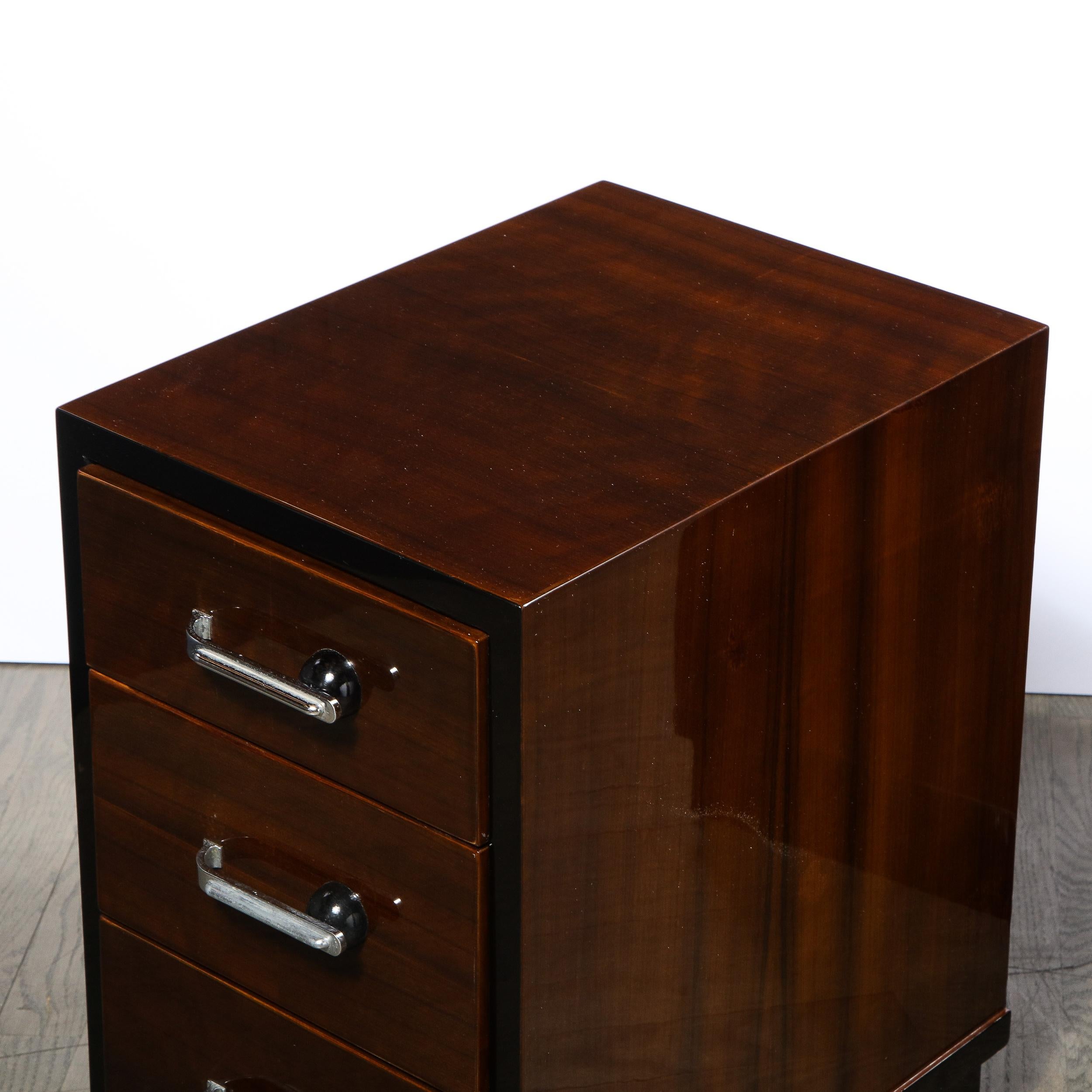 Pair of Art Deco Nightstands in Lacquer & Walnut w/ Streamlined Chrome Pulls 3