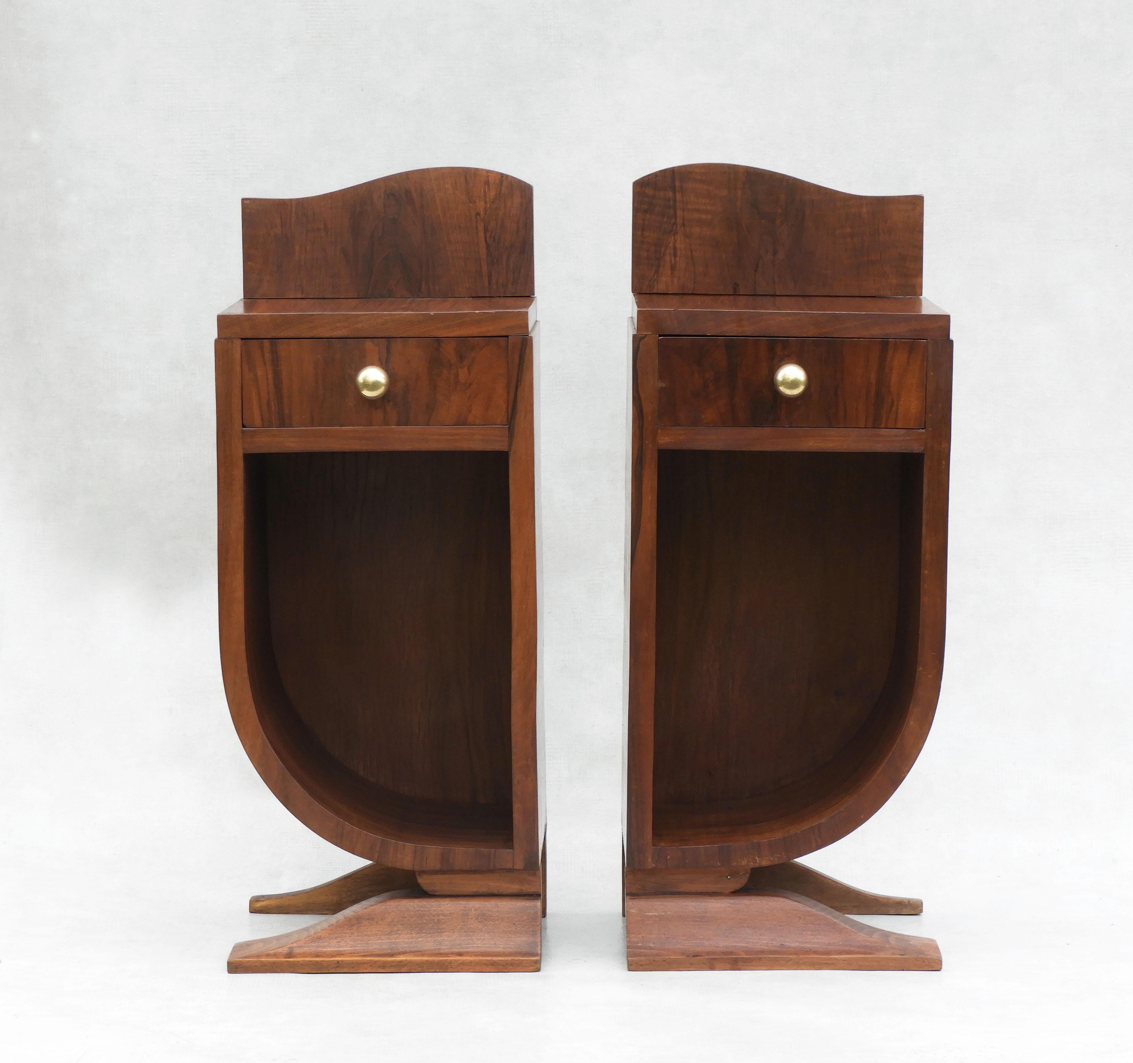 Pair of French Art Deco symmetrical walnut sofa end tables or nightstands C1930. A duo of unusual cabinets each with a single drawer and oversized brass ball handle. Perfect tables for either end of a sofa or as nightstands/bedside tables in a