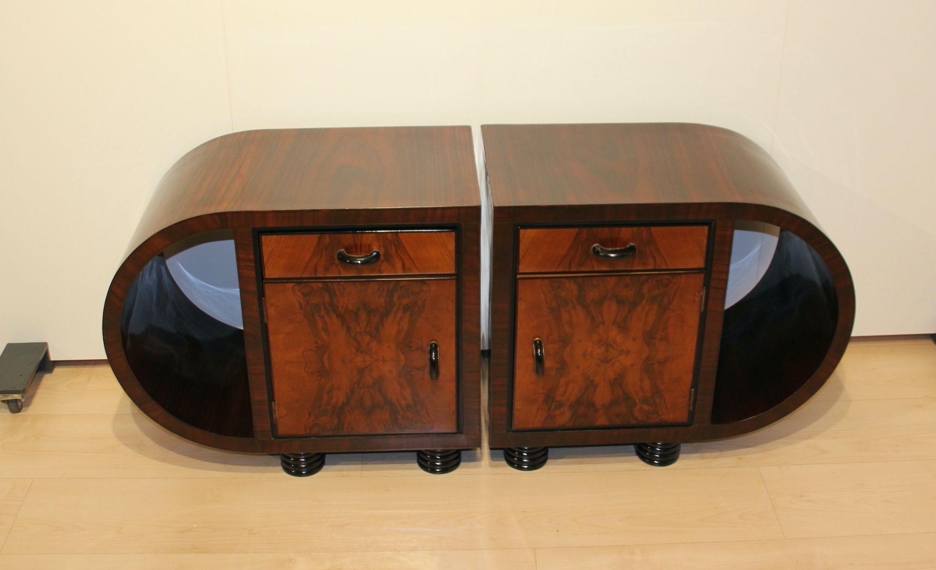 French Pair of Art Deco Nightstands, Walnut Veneer, France circa 1930