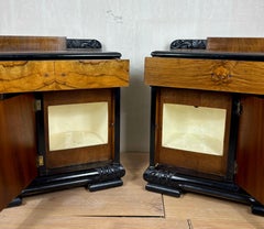 Pair of Art Deco Nightstands with Columns, Ebonized Wood and Figured Veneer